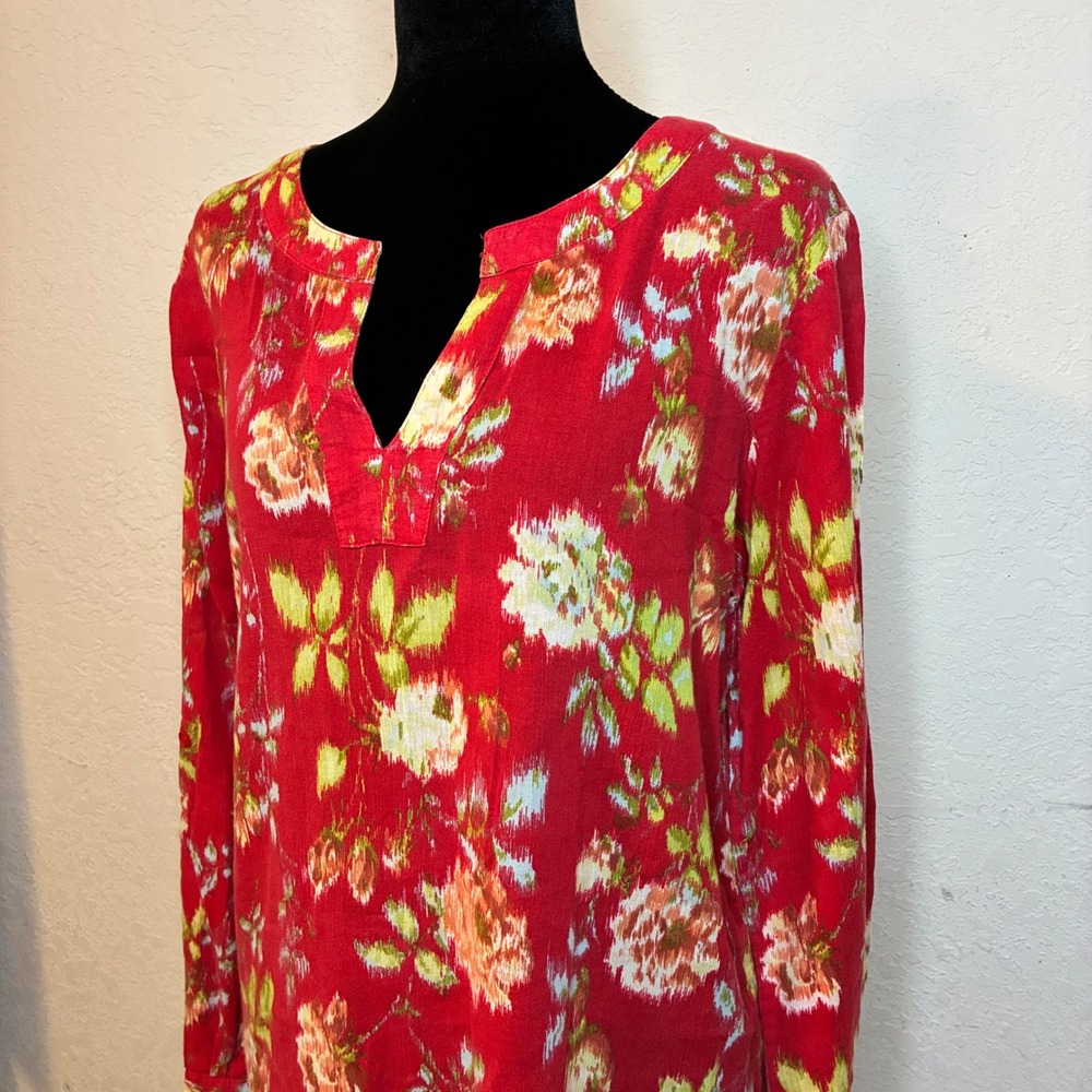 Pendleton Womens Red Floral Ikat Split Neck Long Sleeve Tunic Blouse Size M